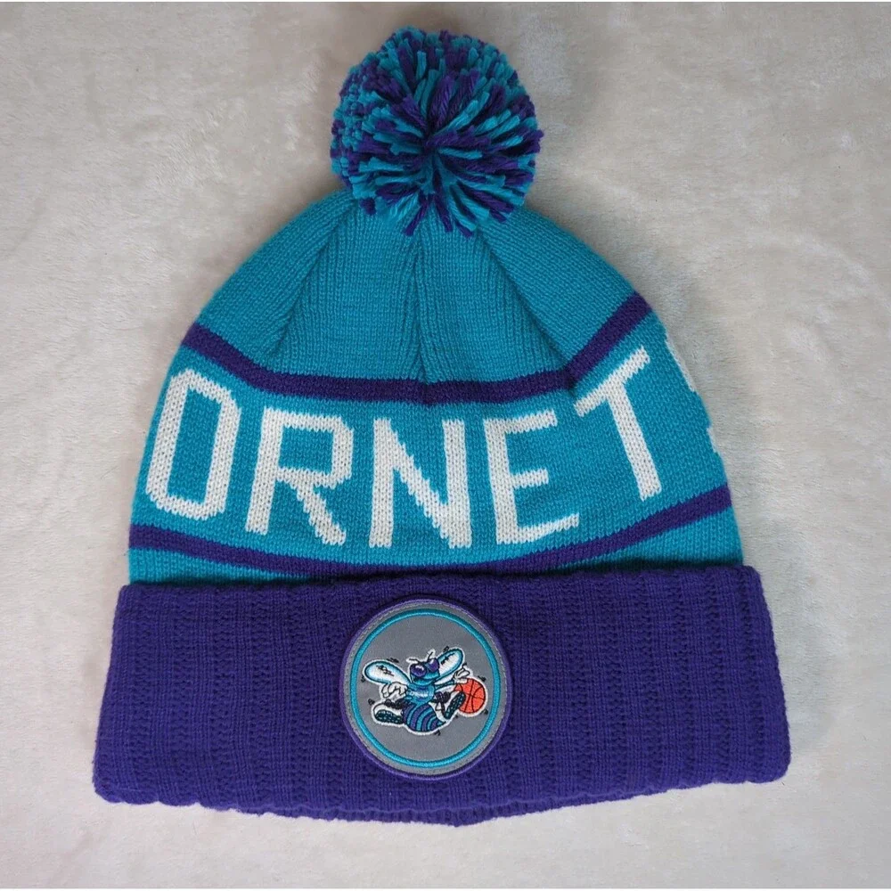 Charlotte Hornets Beanie Hat Adult Mitchell & Ness Knit Pom Cuffed NBA 2014